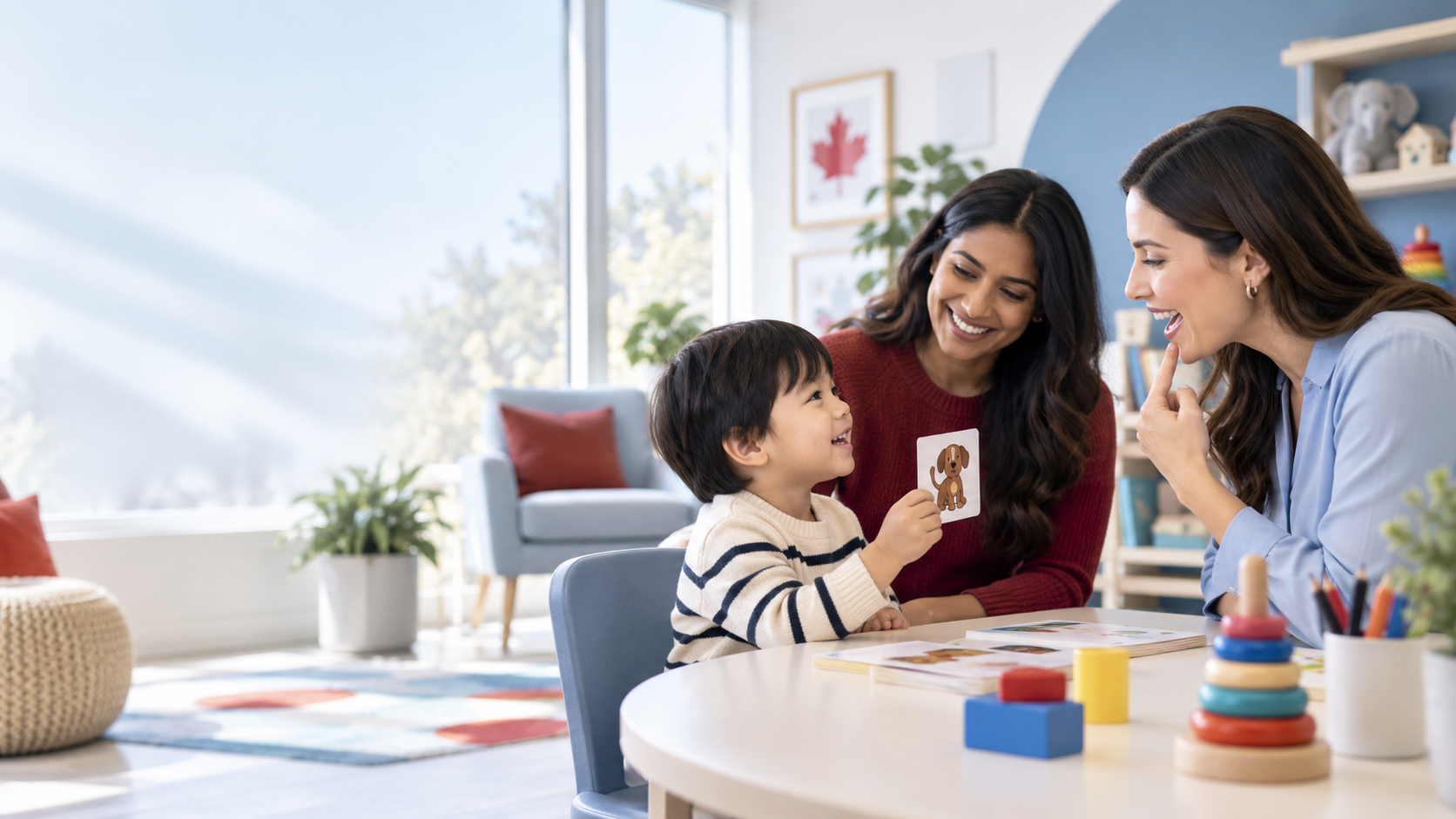Parent, child and speech-language pathologist taking part in an OAP communication session