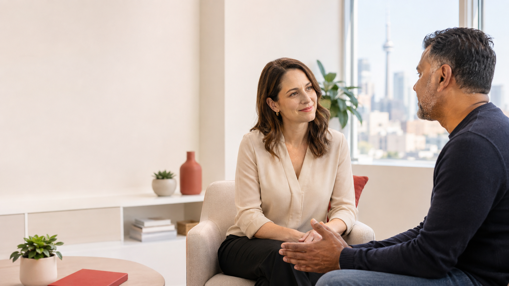 Adult discussing communication goals with a speech-language pathologist